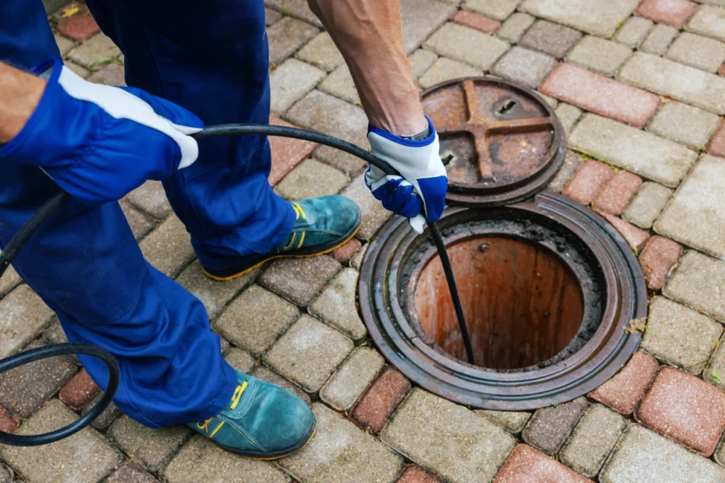Plumber feeding a sewer camera cable into an outdoor cleanout