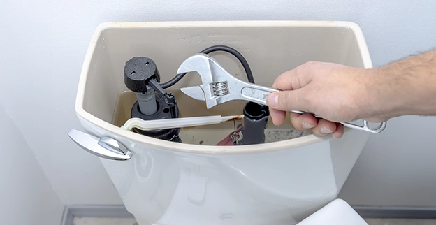 Hand adjusting parts inside a toilet tank with a wrench