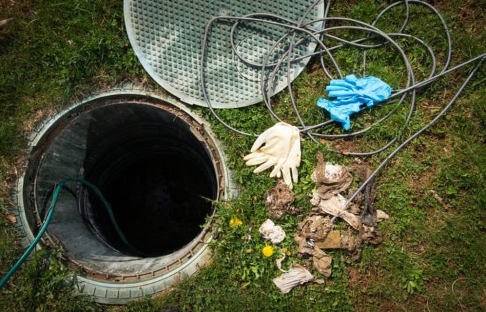 Open sewer access hole with drain cleaning cables beside it
