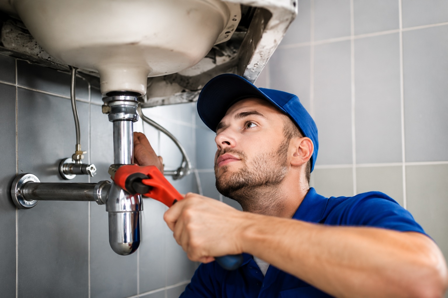 plumbing technician working on a drain