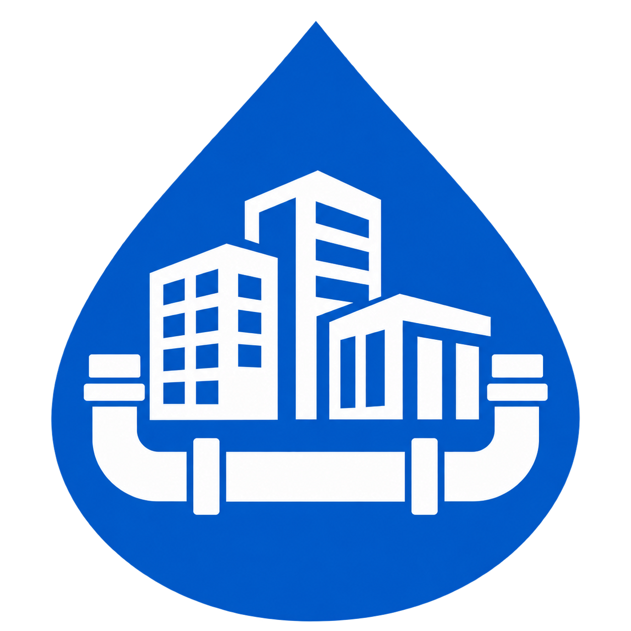 Blue water drop icon with white commercial buildings above a pipe