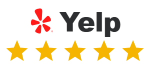 Yelp logo with five gold rating stars