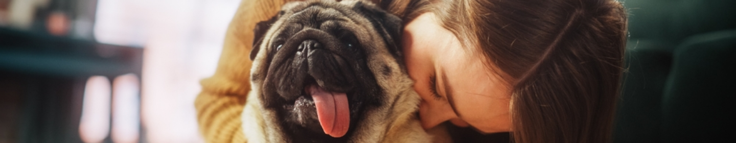 Smiling person cuddling a pug