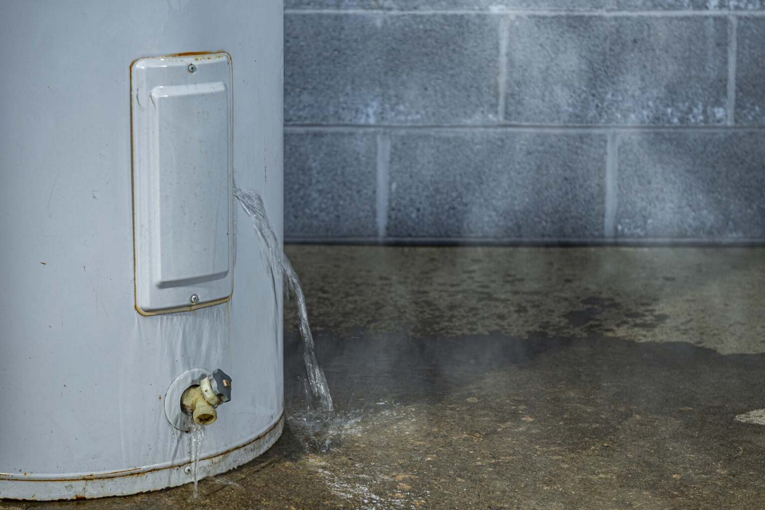 Water leaking from a tank water heater onto a basement floor