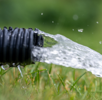 Water gushing from a drain pipe onto grass