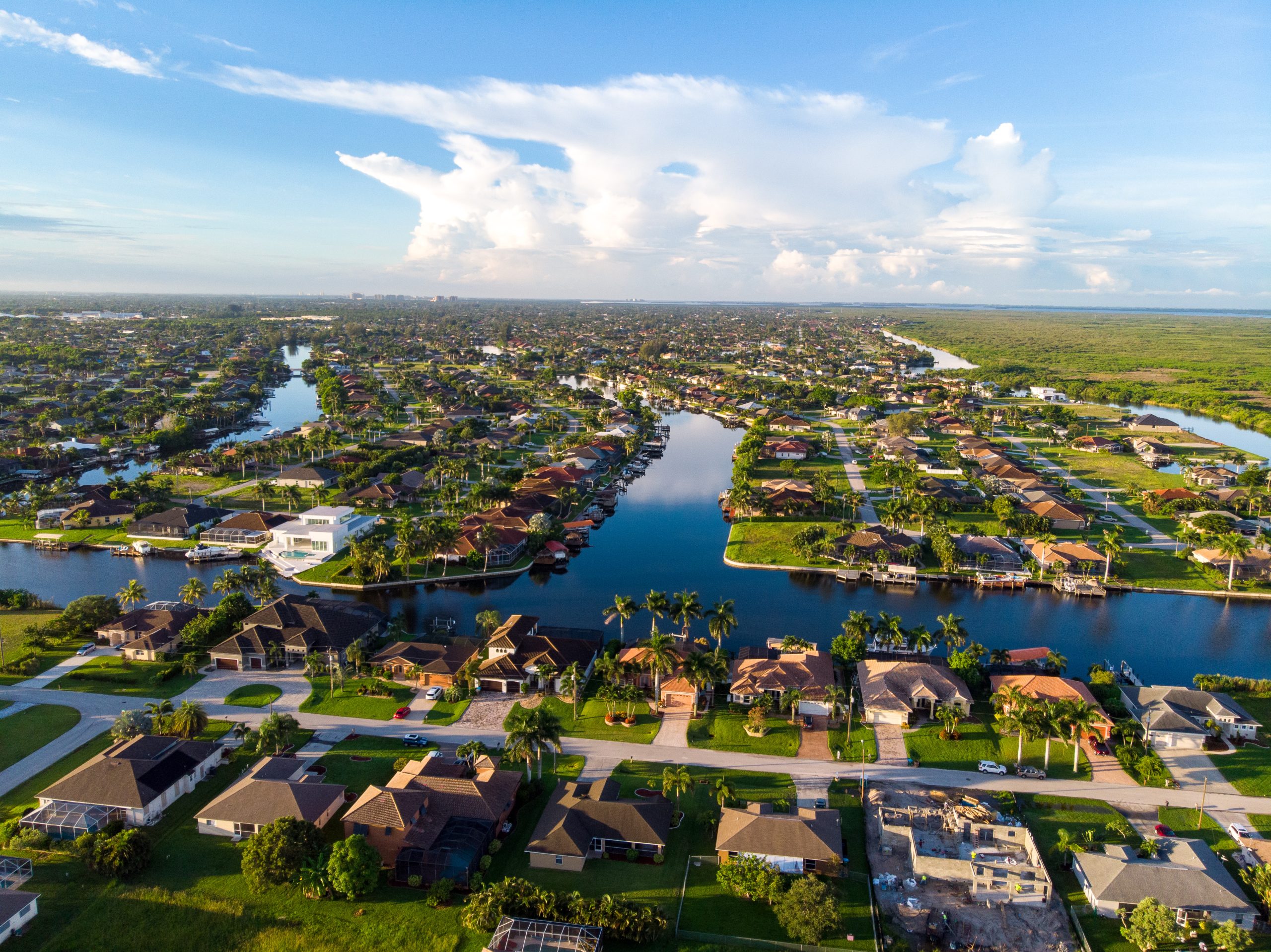 Aerial view of canals and waterfront neighborhoods