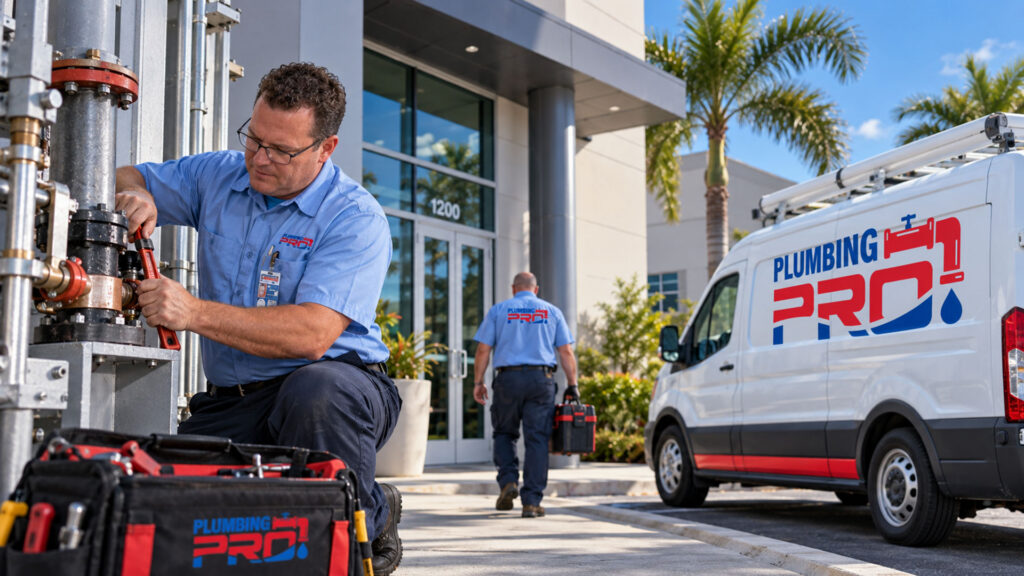 PlumbingPro technician with a tool bag outside a commercial building