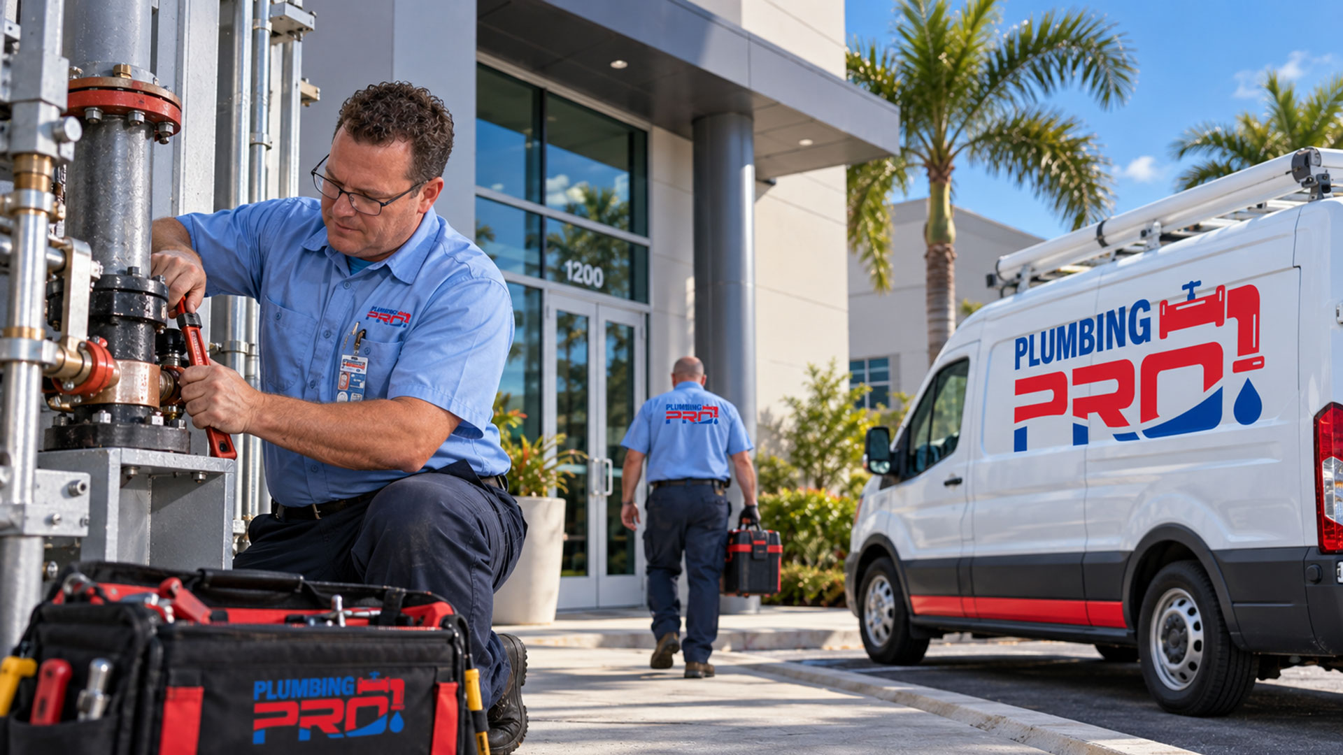 PlumbingPro technician with a tool bag outside a commercial building