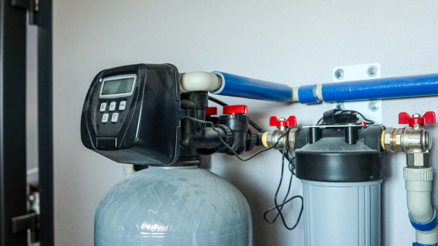 Water softener control valve and whole-house filter housing on blue water lines