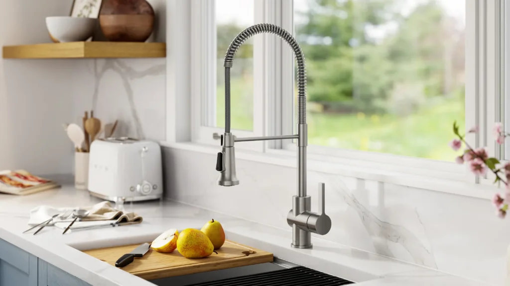 Stainless steel pull-down faucet over a kitchen sink