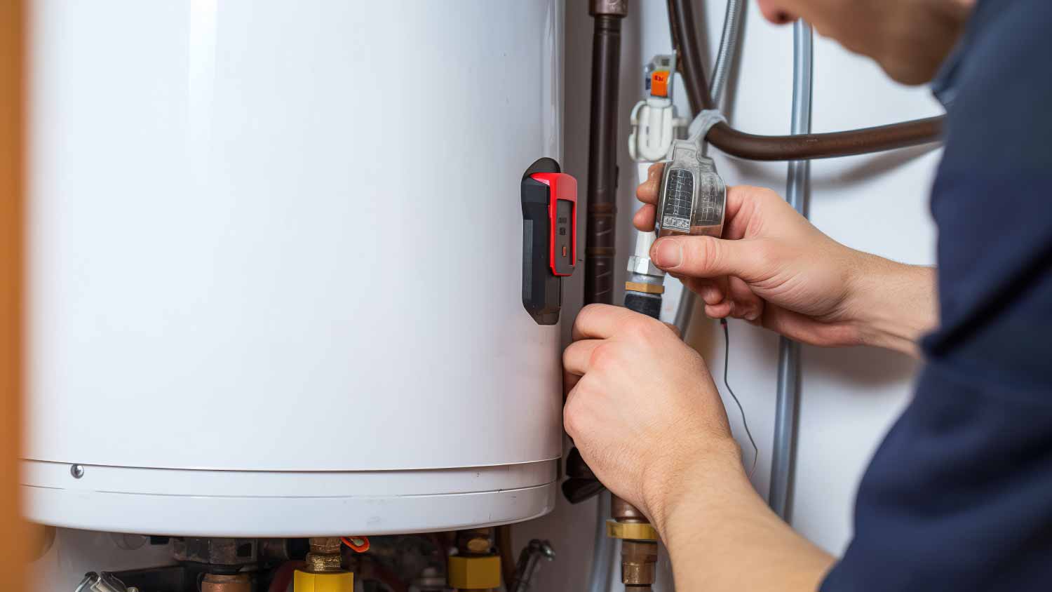Technician repairing an electric water heater