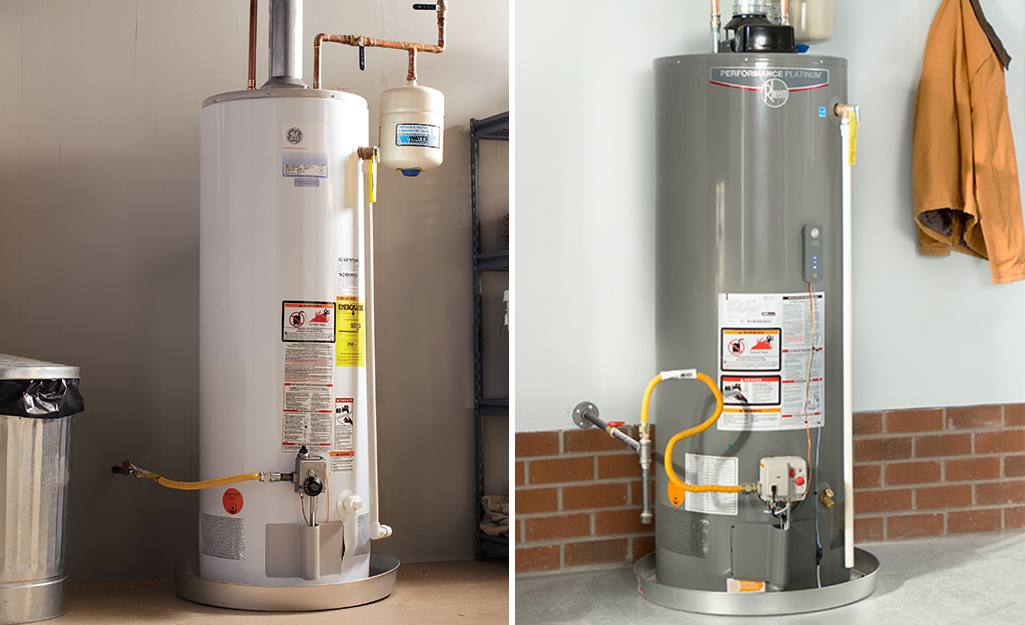 Old and new gas tank water heaters side by side