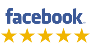 Facebook logo with five gold rating stars