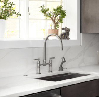 Kitchen sink with a bridge faucet and plants