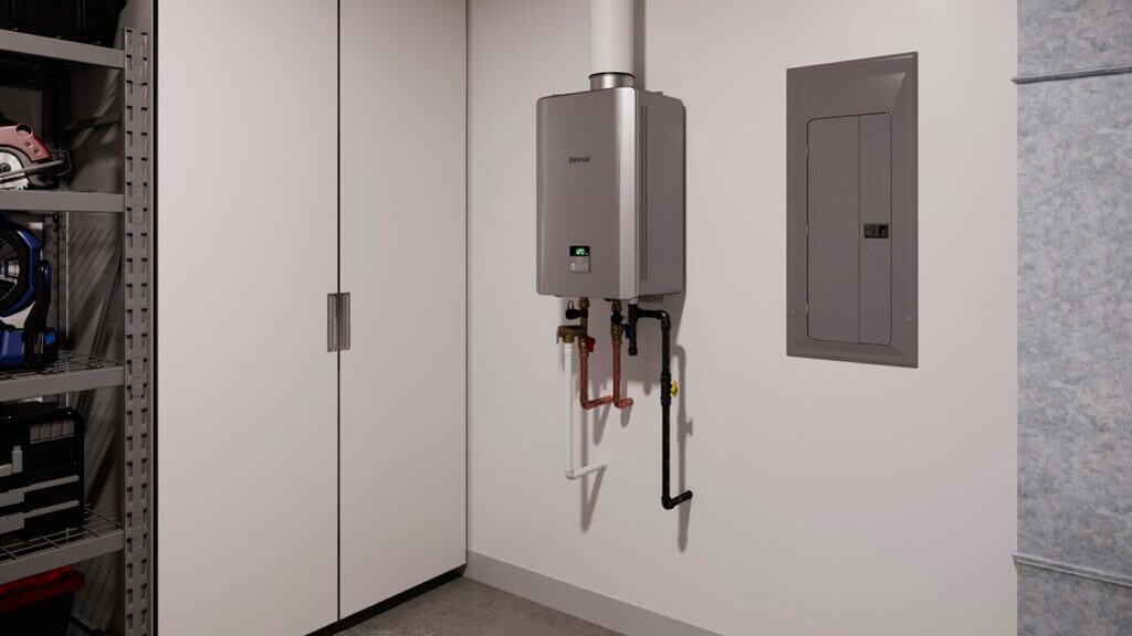 Wall-mounted tankless water heater in a garage