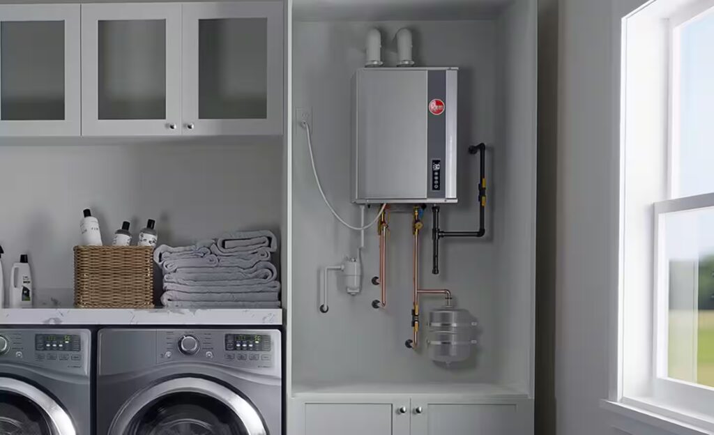 Tankless water heater mounted on a laundry room wall