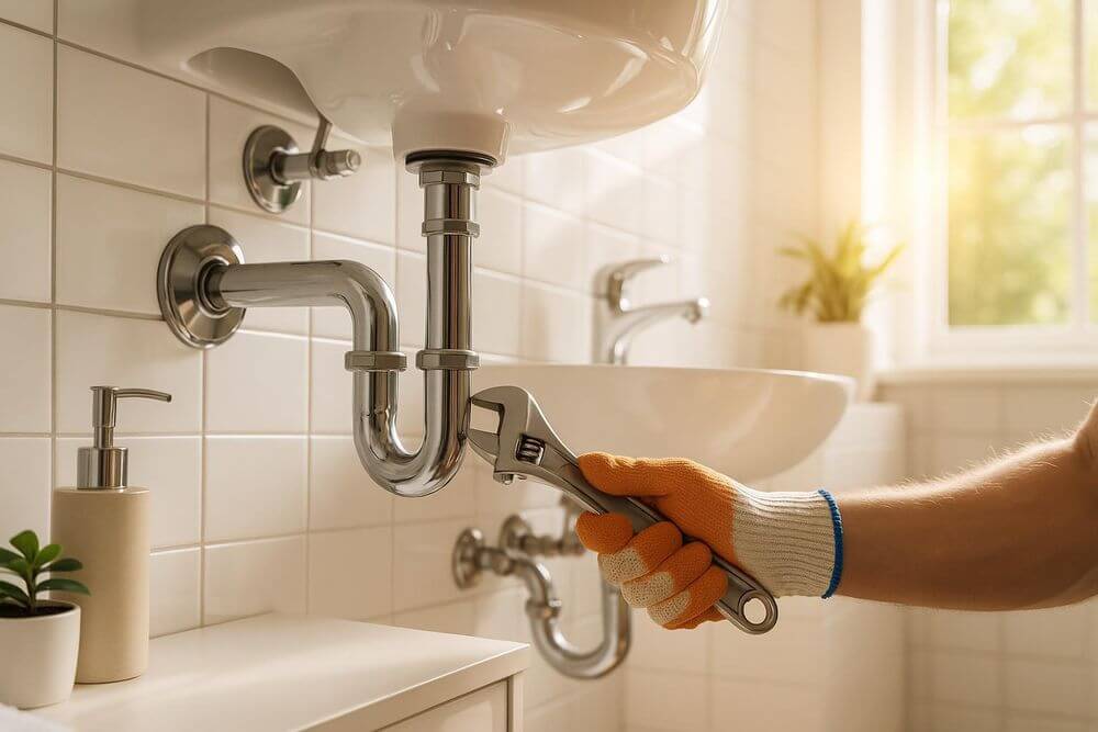Gloved hand tightening a sink drain pipe with a wrench