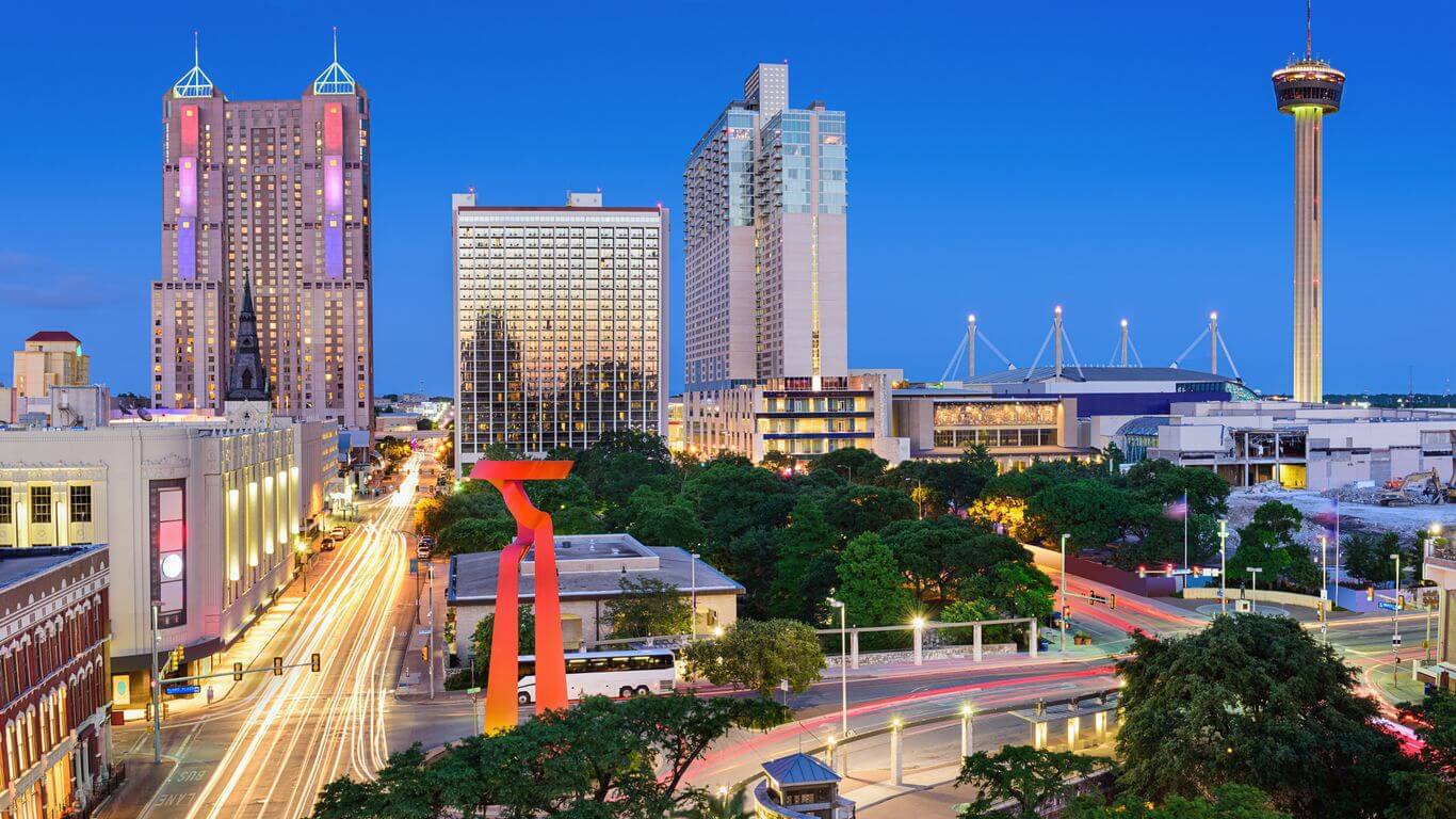 Downtown San Antonio skyline at dusk with the Tower of the Americas