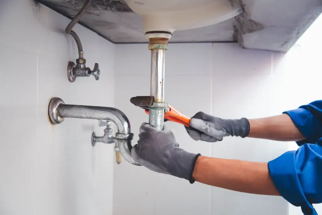 Plumber in gloves loosening a sink pipe with an orange wrench