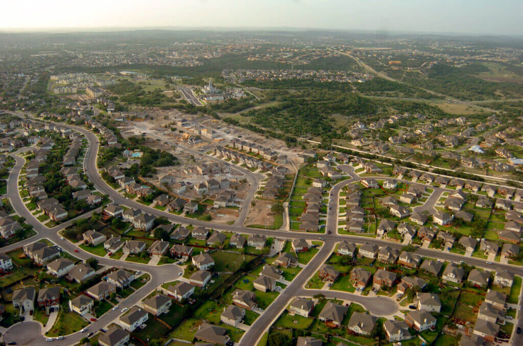 Aerial view of Stone Oak neighborhoods at dusk