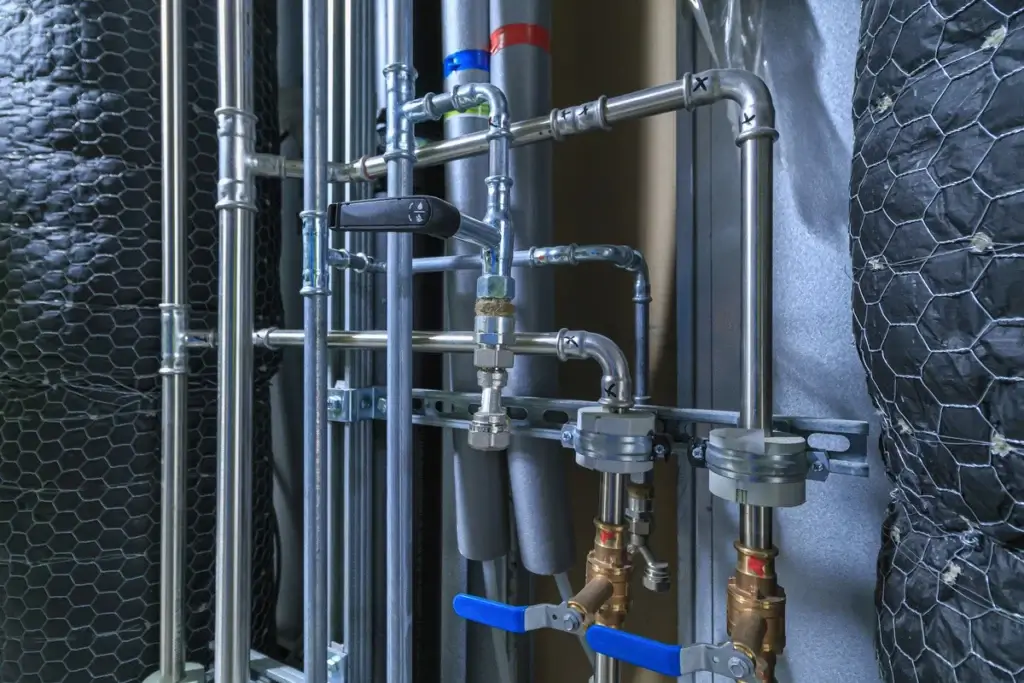 Galvanized water supply pipes and valves along a wall