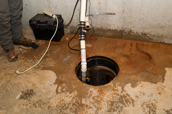 Sump pit with a battery backup pump and discharge pipe