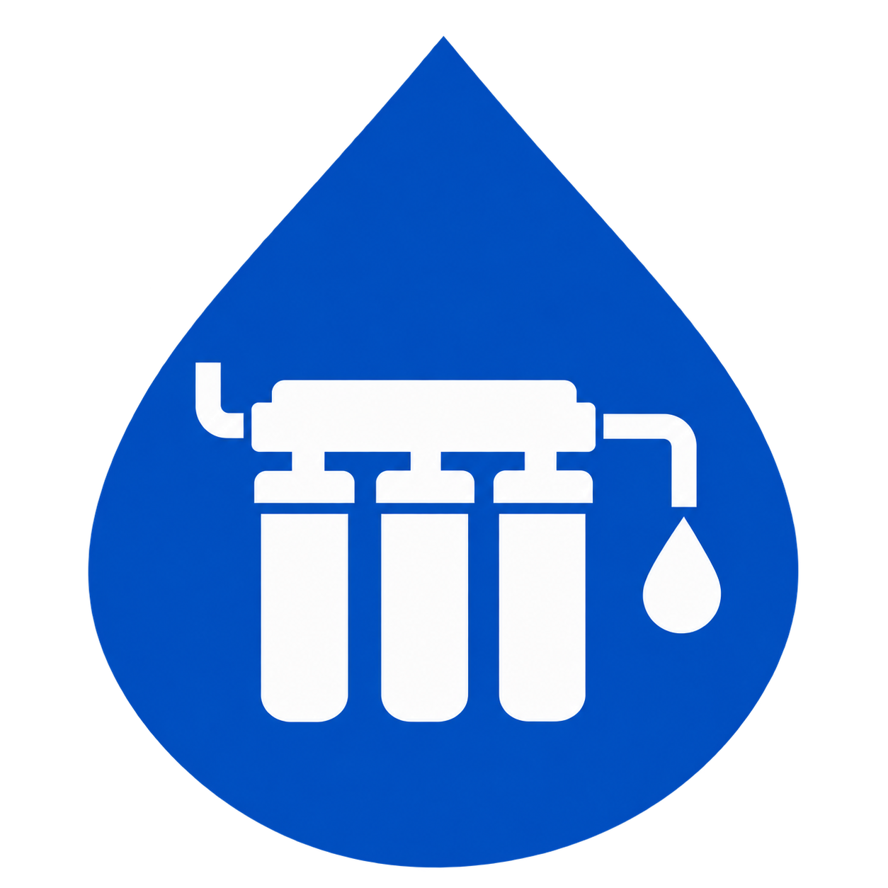Blue water drop icon with a white three-stage water filter system