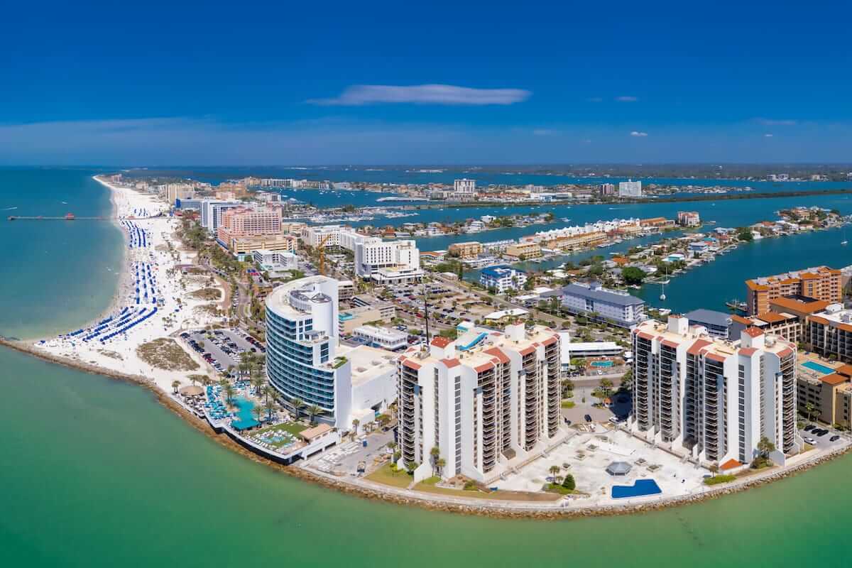 Aerial view of Clearwater Beach hotels, the beach and the bay