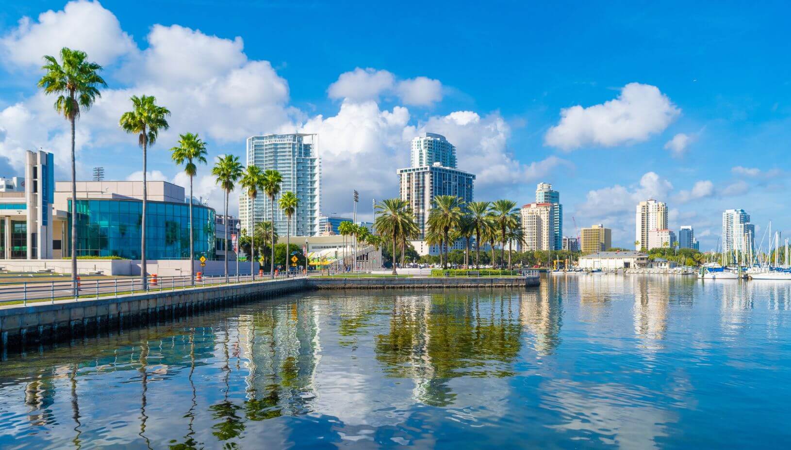 City skyline and palm trees reflected in calm water