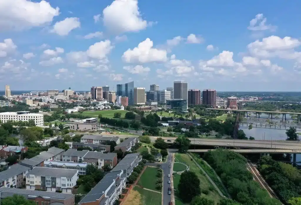 Aerial view of Dunedin homes and the downtown skyline