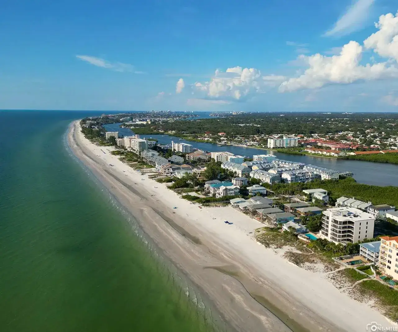 Aerial view of Indian Shores beach and waterfront homes