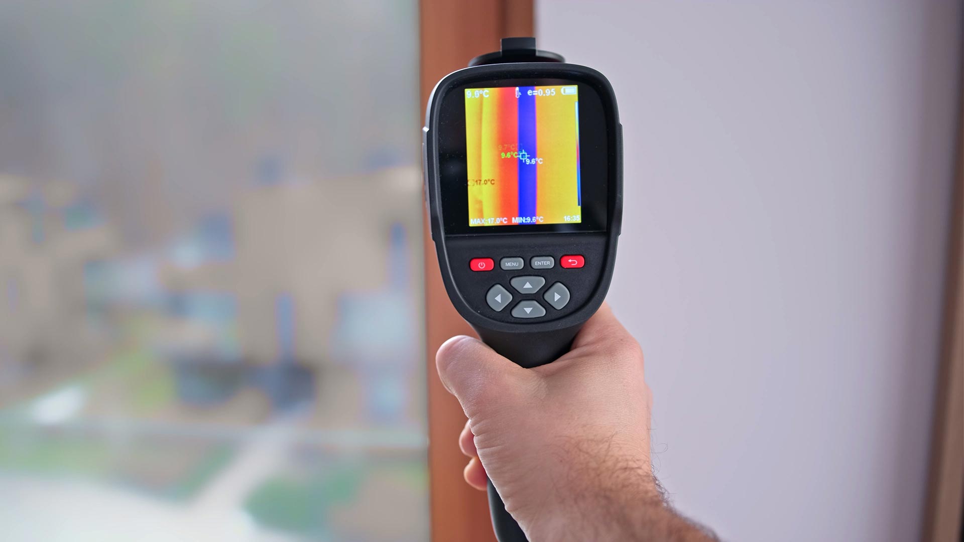 Hand holding a thermal imaging camera to check for hidden leaks