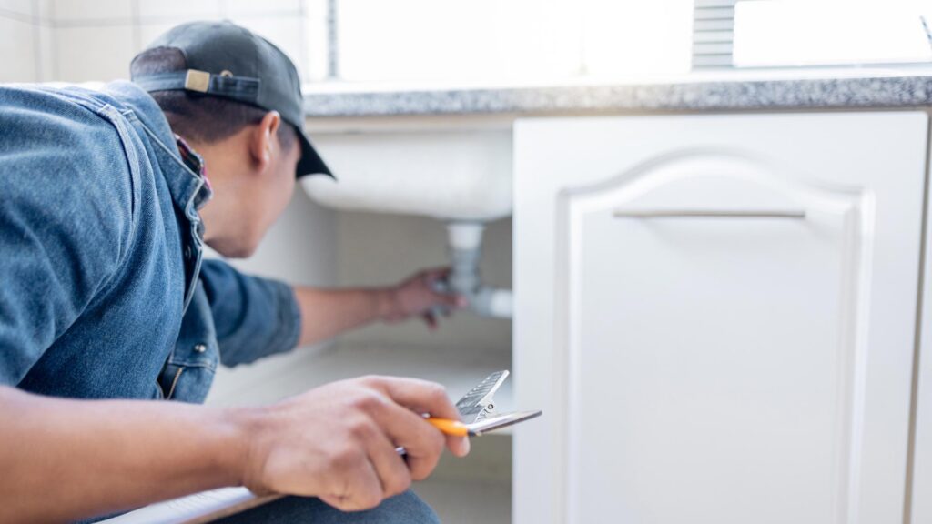 Plumber inspecting the plumbing under a kitchen sink