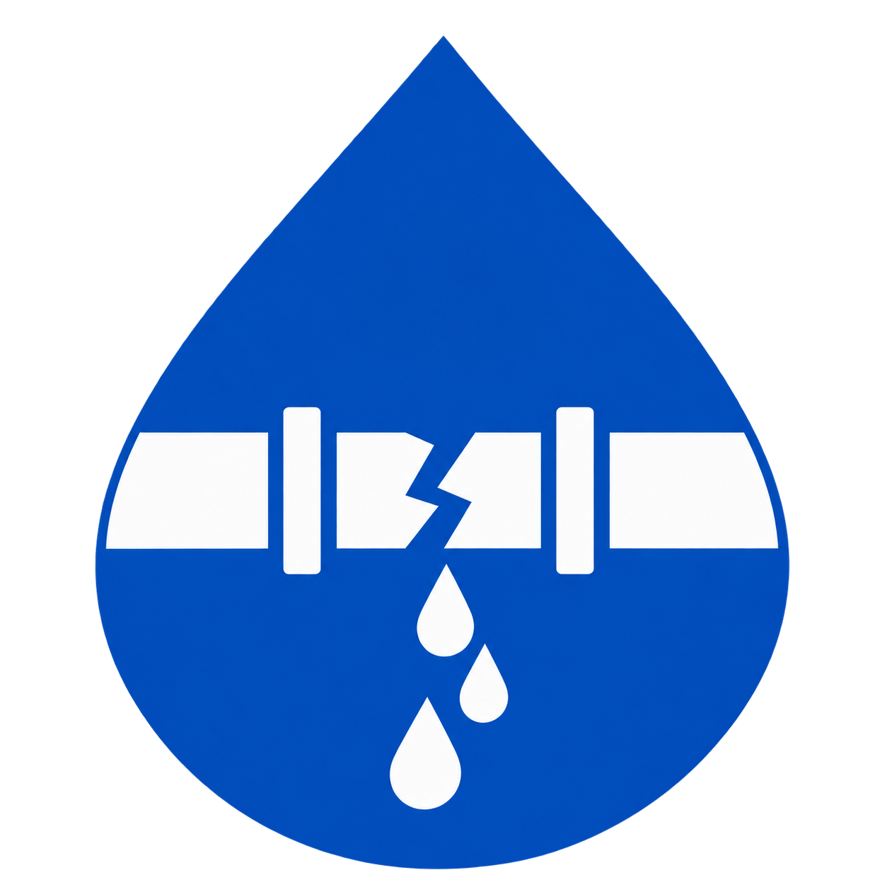 Blue water drop icon with a white cracked pipe leaking water drops