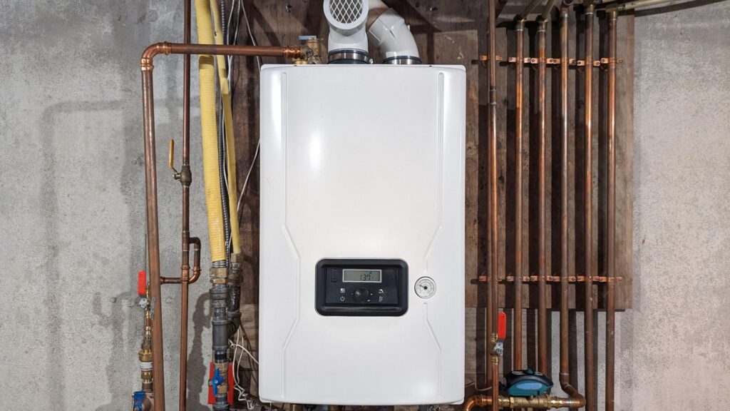 Wall-mounted tankless water heater with copper and gas lines