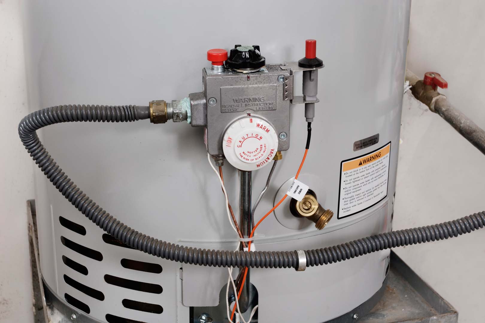 Gas control valve and thermostat on a tank water heater