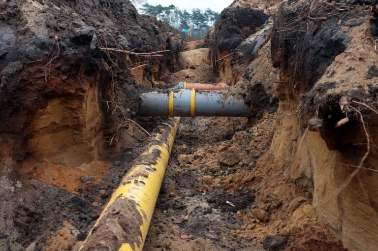 Large yellow pipeline exposed in a deep dirt trench
