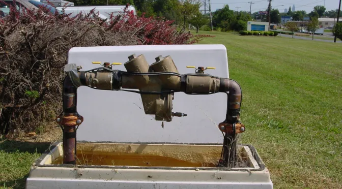 Backflow prevention assembly mounted above ground on a lawn