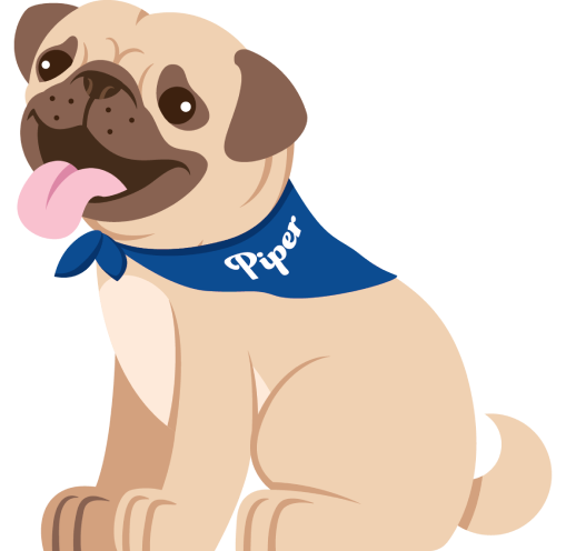 Cartoon pug wearing a blue bandana with the name Piper