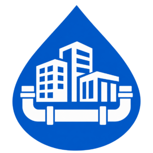 Blue water drop icon with white commercial buildings above a pipe