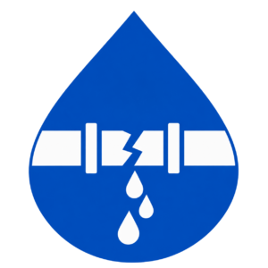 Blue water drop icon with a white cracked pipe leaking water drops