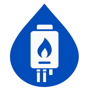 Blue water drop icon with a white tankless water heater and flame