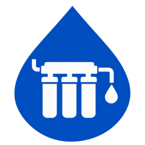 Blue water drop icon with a white three-stage water filter system