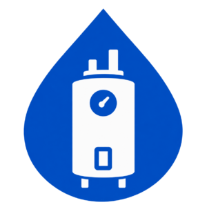 Blue water drop icon with a white tank water heater