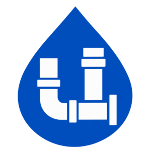 Blue water drop icon with white connected pipe fittings