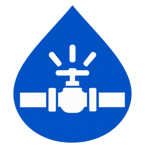 Blue water drop icon with a white pipe shut-off valve