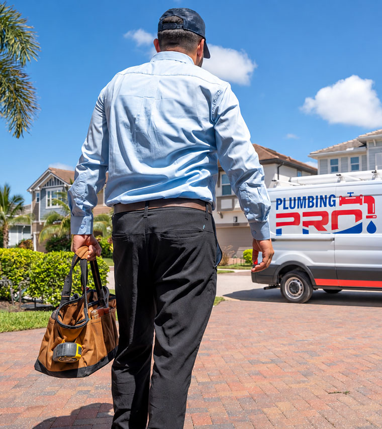 PlumbingPro technician with a tool bag walking toward a PlumbingPro service van