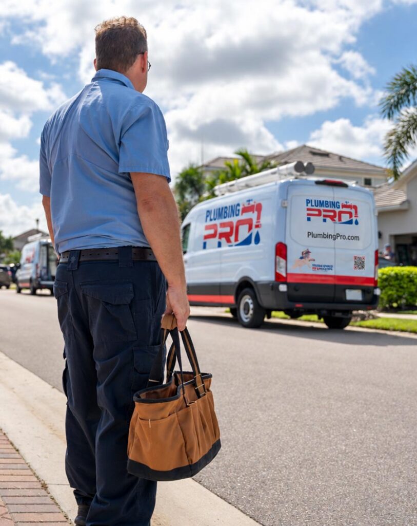 PlumbingPro technician with a tool bag looking at PlumbingPro service vans