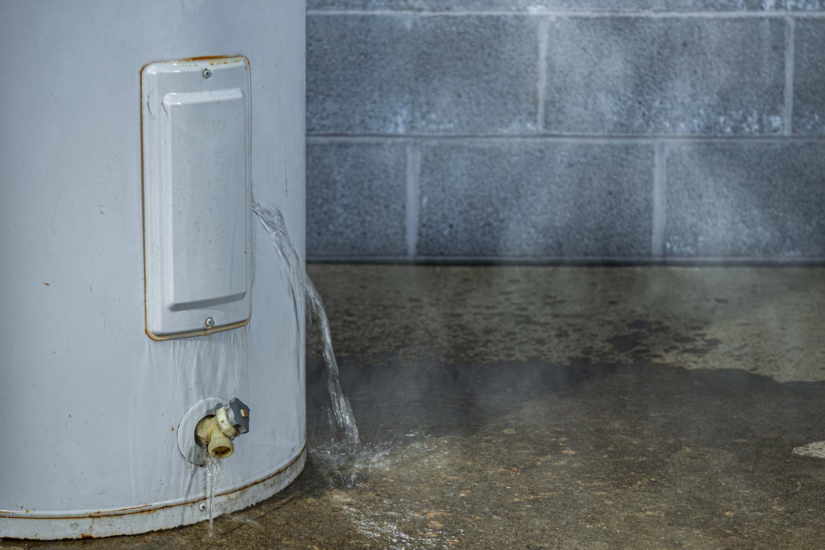 Water leaking from a tank water heater onto a basement floor